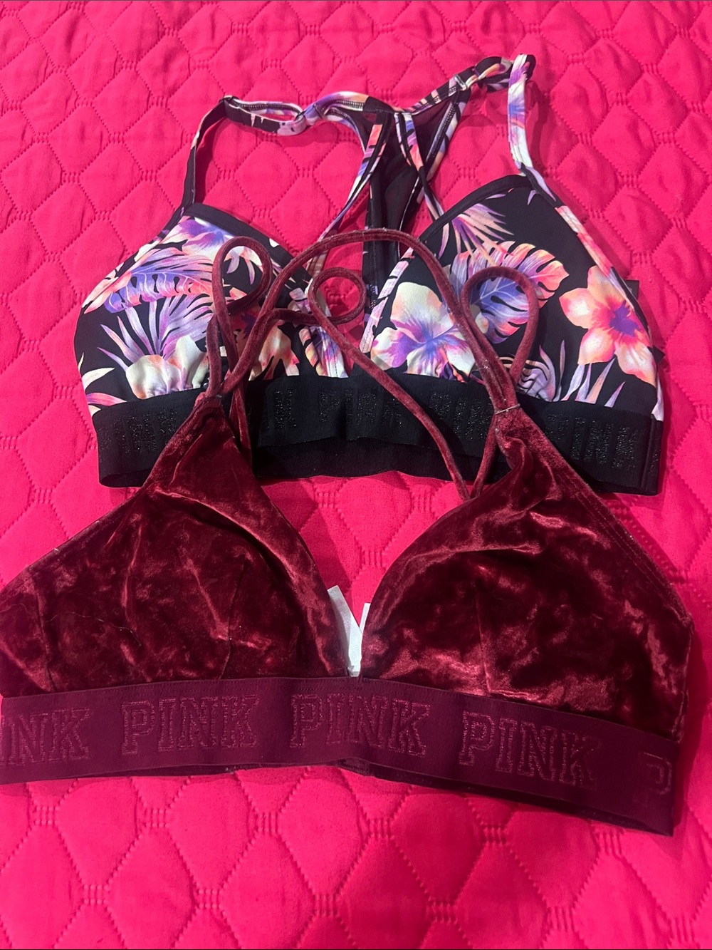 PINK Victoria's Secret Velvet Bralette - Burgundy & Floral Seamless Support